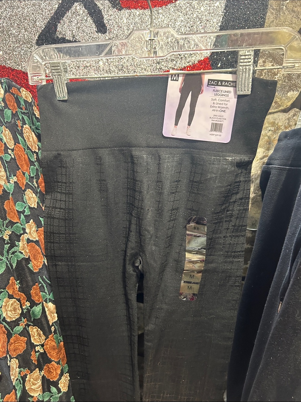 Zac & Rachel Black Fleece-Lined Leggings with Subtle Plaid Texture